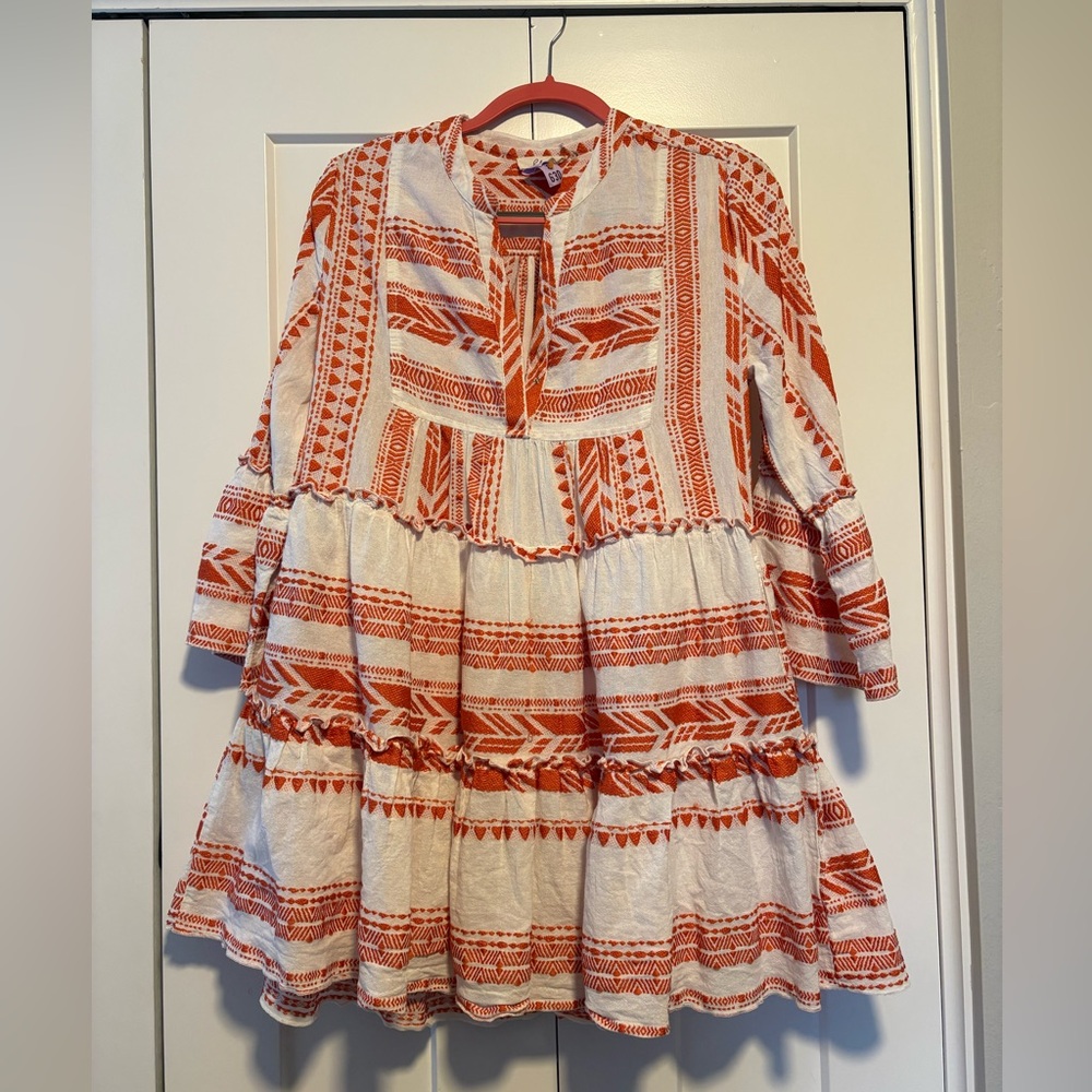 Elan Clara Orange White Embroidered Boho Mini Dress Bell Sleeve Pockets S
